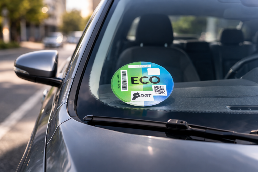 Etiqueta ECO de la DGT en el parabrisas tras conversión a GLP