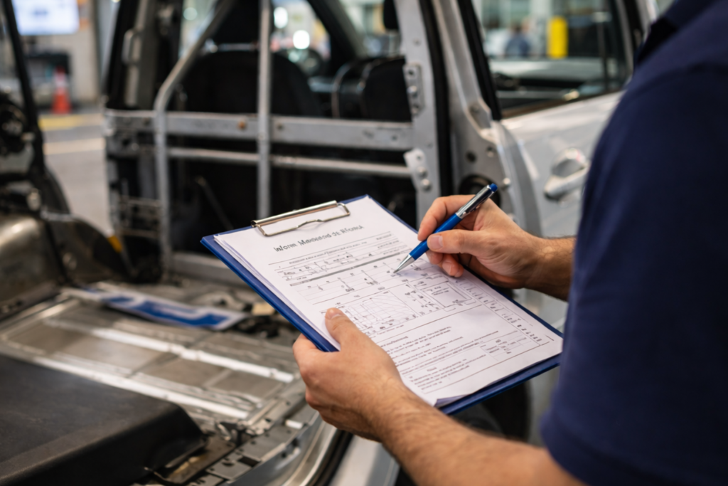 Técnico revisando ficha técnica para homologar instalación de GLP en ITV