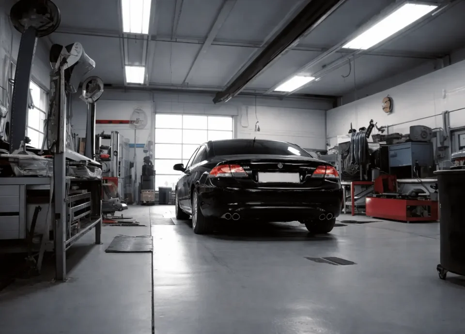 Coche negro en un taller de inspección para pasar una revisión por reforma
