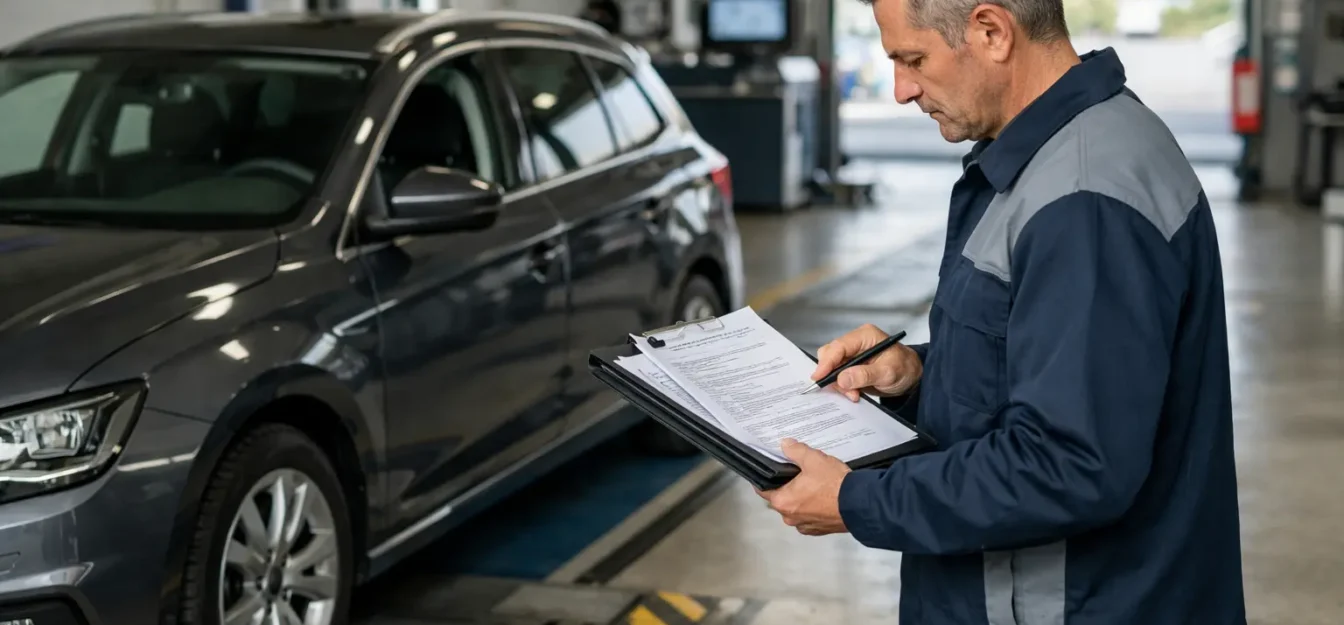 Técnico de ITV revisando un coche en una inspección por reforma