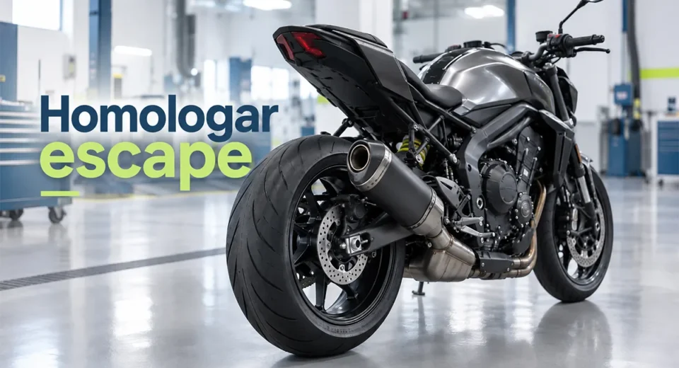 Homologar escape de moto: motocicleta naked en nave técnica de inspección con el silencioso trasero como protagonista