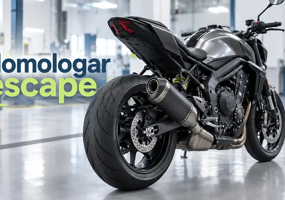 Homologar escape de moto: motocicleta naked en nave técnica de inspección con el silencioso trasero como protagonista