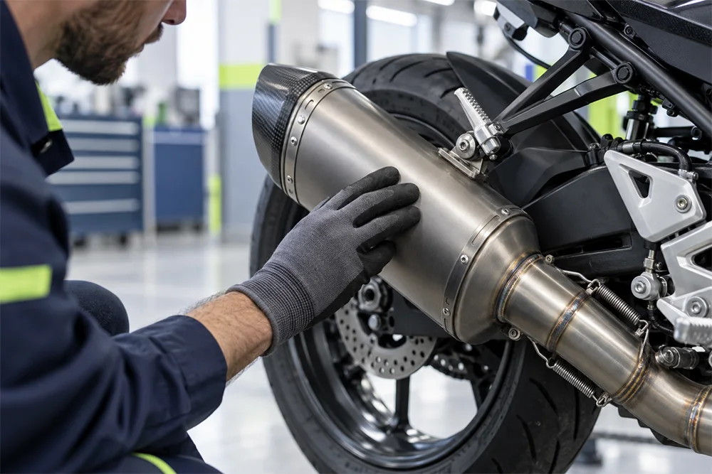 Inspección visual del escape de una moto con detalle del silencioso y mano de técnico comprobando su instalación