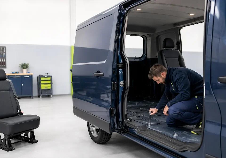 Reducción de plazas en una furgoneta con asiento desmontado y anclajes originales visibles